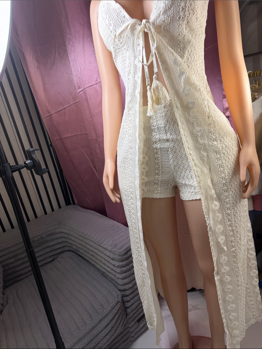 Crochet Lace Romper Cover-Up in Cream